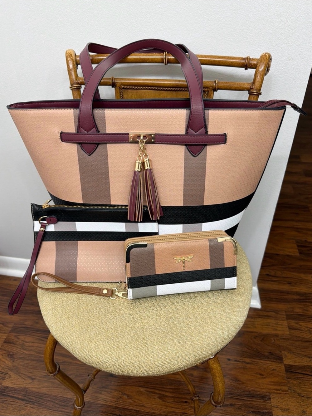 Women's Striped Tote Bag Set with Wristlet and Wallet - Blush and Burgundy